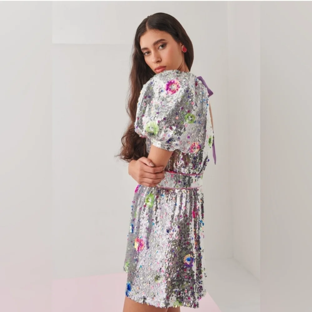 CeliaB Silver Sequin Mini Dress with Floral Accents - Picture 6 of 15